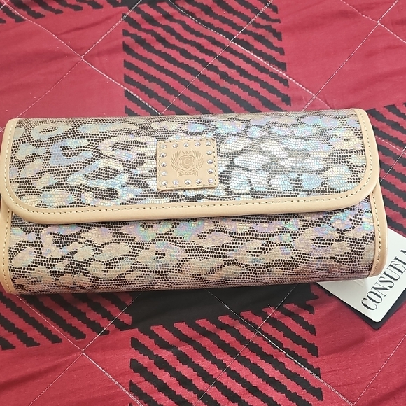 Consuela Handbags - Consuela Tan and Silver Clutch with Animal Print